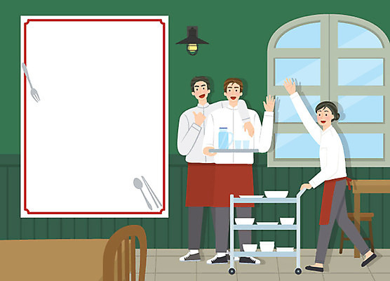 전신 그릇 여자 남자 의자 일러스트 창문 탁자 프레임 사람 성인 세명 식당 앞치마 카트 알림 서빙 활기 모집 아르바이트 구인 채용공고 최저임금 비정규직 국내일러스트 AI파일 식기 가구 컨셉 비즈니스 경제 상점 채용 파일형식 벡터