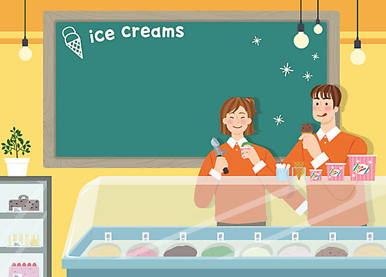 여자 남자 행복 일러스트 아이스크림 전등 프레임 사람 상반신 성인 두명 칠판 먹기 알림 즐거움 모집 아르바이트 구인 아이스크림가게 젤라또 채용공고 최저임금 비정규직 국내일러스트 AI파일 감정 비즈니스 모션 디저트 조명 경제 아이스크림장사 채용 파일형식 벡터