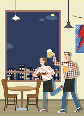 전신 여자 남자 의자 일러스트 탁자 전등 프레임 맥주 생맥주 사람 성인 두명 술집 야간 알림 안주 즐거움 서빙 활기 모집 아르바이트 구인 채용 채용공고 호프집 최저임금 비정규직 국내일러스트 AI파일 자연요소 감정 가구 컨셉 비즈니스 조명 주류 경제 파일형식 벡터