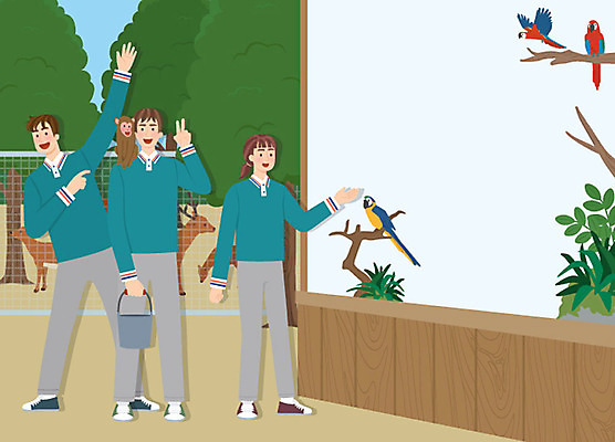 전신 여자 남자 행복 유니폼 일러스트 조류 사슴 프레임 동물원 사람 성인 세명 원숭이 양동이 알림 즐거움 앵무새 모집 아르바이트 구인 사육사 조련사 채용공고 최저임금 비정규직 국내일러스트 AI파일 동물 옷 감정 비즈니스 포유류 경제 채용 파일형식 벡터