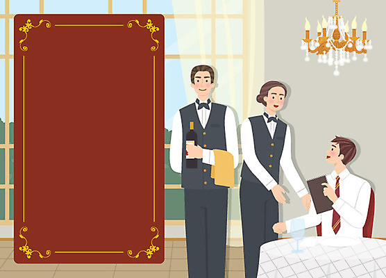 여자 남자 행복 유니폼 일러스트 친절 프레임 미소 사람 상반신 성인 세명 레스토랑 알림 와인병 직원 샹들리에 서빙 주문 아르바이트 구인 소믈리에 채용공고 최저임금 비정규직 국내일러스트 AI파일 옷 감정 비즈니스 병_용기 조명 표정 경제 식당 와인 채용 파일형식 벡터