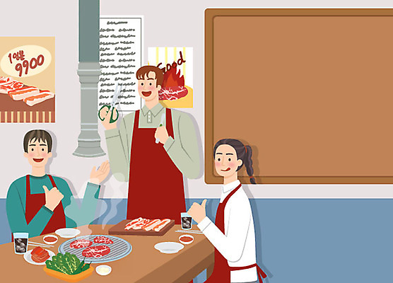 여자 남자 일러스트 프레임 육류 사람 상반신 성인 세명 앞치마 소고기 상추 구이 먹기 알림 즐거움 삼겹살 철판 콜라 서빙 활기 모집 아르바이트 고기구이 구인 채용공고 최저임금 비정규직 맛있는 국내일러스트 AI파일 감정 음식 컨셉 채소 식재료 비즈니스 모션 돼지고기 경제 탄산음료 채용 파일형식 벡터