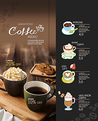 PSD 템플릿 표지디자인 북디자인 출판디자인 내지 커피 리플렛 2단접지 북커버 팜플렛 사람없음 세일 쿠키 머그컵 원두 메뉴 아메리카노 나무쟁반 모카커피 비엔나커피 카페라떼 휘핑크림 이미지템플릿 음료 디저트 쟁반 목재 컵 크림 라떼 휘핑 파일형식