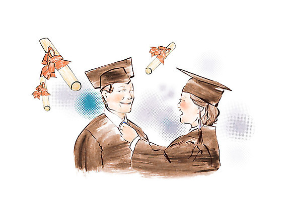 PSD 여자 노년 남자 일러스트 학사모 졸업 넥타이 붓터치 수채화 졸업식 미소 사람 상반신 두명 마주보기 축하 졸업가운 졸업장 즐거움 번짐 노인대학 노인만 국내일러스트 모자_잡화 잡화 교육 감정 컨셉 모션 표정 성인 가운 대학교 성인만 파일형식 효과