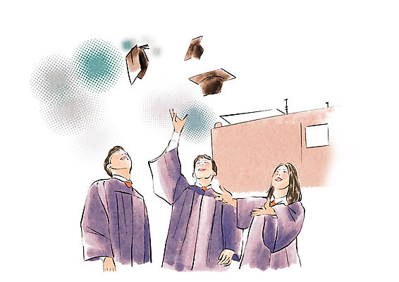 PSD 여자 남자 일러스트 학사모 졸업 붓터치 수채화 사람 상반신 성인 건물 세명 친구 축하 졸업가운 던지기 즐거움 대학교 번짐 졸업사진 국내일러스트 모자_잡화 건축물 교육 감정 컨셉 학교 관계 모션 가운 파일형식 효과