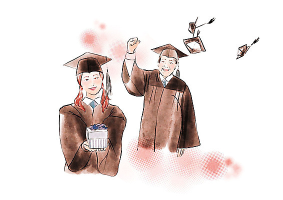 PSD 여자 노년 남자 일러스트 학사모 졸업 붓터치 수채화 졸업식 선물 사람 상반신 성인 두명 선물상자 파이팅 졸업가운 대학교 번짐 노인대학 국내일러스트 모자_잡화 교육 학교 모션 상자 가운 파일형식 효과