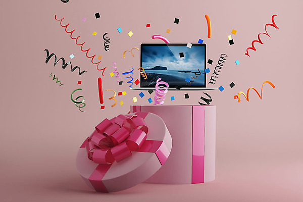 PSD 편집이미지 리본 분홍색 백그라운드 포장 폭죽 선물 이벤트 사람없음 선물상자 노트북 전자제품 상자 컬러풀 3D소스 3D 디지털합성 서프라이즈 팡파레 럭키박스 랜덤박스 편집3D 컬러 컨셉 쇼핑 파일형식