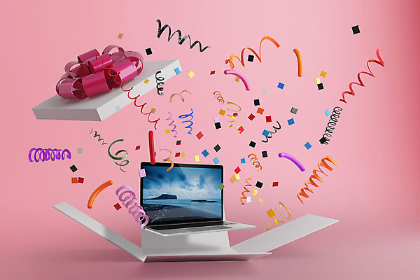 PSD 편집이미지 리본 분홍색 백그라운드 포장 폭죽 선물 이벤트 사람없음 선물상자 노트북 전자제품 상자 컬러풀 3D소스 3D 디지털합성 서프라이즈 팡파레 럭키박스 랜덤박스 편집3D 컬러 컨셉 쇼핑 파일형식