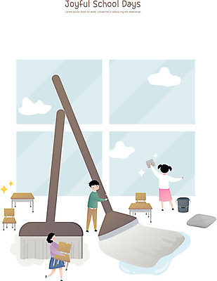 전신 학생 여자 교육 남자 초등학생 어린이 의자 일러스트 창문 수업 프레임 초등학교 사람 세명 스쿨라이프 운반 빗자루 청소 양동이 책상 걸레 닦기 청소시간 대걸레 유리창닦기 창문닦기 국내일러스트 AI파일 라이프스타일 가구 학교 모션 청소도구 파일형식 벡터