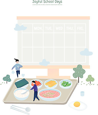 전신 학생 여자 교육 남자 초등학생 어린이 일러스트 학교 밥 수업 반찬 프레임 수저 초등학교 사람 두명 스쿨라이프 식사 계란프라이 국 점심 급식 국내일러스트 AI파일 라이프스타일 식기 음식 계란요리 파일형식 벡터