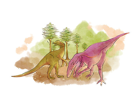 PSD 나무 두마리 일러스트 붓터치 수채화 산 초원 사람없음 공룡 국내일러스트 식물 2 파충류 파일형식