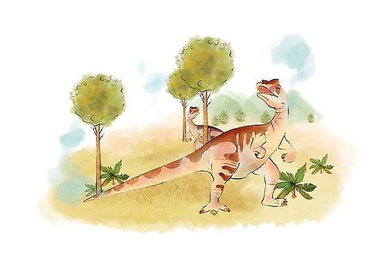 PSD 나무 두마리 일러스트 붓터치 수채화 산 초원 사람없음 연기 들풀 공룡 국내일러스트 식물 2 파충류 파일형식