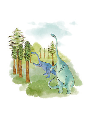 PSD 나무 두마리 일러스트 붓터치 수채화 산 초원 사람없음 공룡 초식공룡 국내일러스트 식물 2 파충류 파일형식