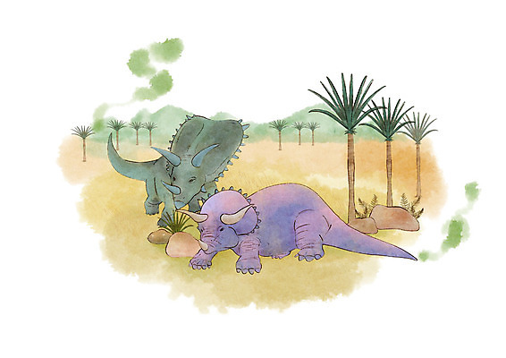 PSD 나무 두마리 일러스트 붓터치 수채화 초원 사람없음 바위 연기 들풀 공룡 국내일러스트 식물 2 파충류 돌_바위 파일형식