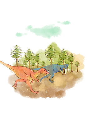 PSD 나무 구름 두마리 일러스트 붓터치 수채화 초원 사람없음 공룡 국내일러스트 자연요소 식물 2 파충류 파일형식