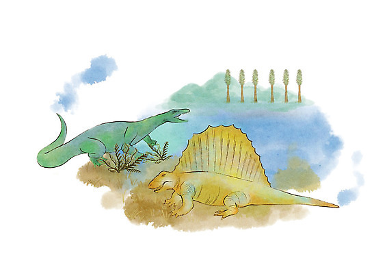 PSD 나무 두마리 일러스트 붓터치 수채화 산 초원 사람없음 연기 들풀 공룡 국내일러스트 식물 2 파충류 파일형식