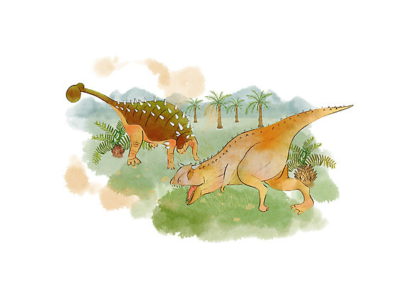 PSD 나무 두마리 일러스트 붓터치 수채화 산 초원 사람없음 공룡 화산 국내일러스트 식물 2 파충류 파일형식