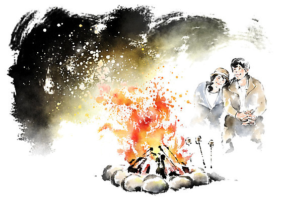 PSD 커플 여자 남자 일러스트 캘리그라피 붓터치 미소 사람 앉기 상반신 성인 두명 기댐 모닥불 번짐 국내일러스트 관계 모션 불 표정 파일형식 효과