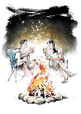 전신 PSD 커플 여자 남자 별 일러스트 캘리그라피 밤하늘 붓터치 미소 사람 앉기 성인 두명 모닥불 즐거움 번짐 맥주잔 국내일러스트 자연요소 감정 술잔 관계 모션 하늘 불 표정 야간 파일형식 효과