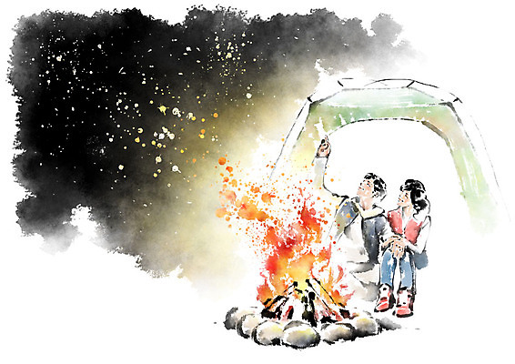 전신 PSD 커플 응시 여자 남자 별 일러스트 캘리그라피 밤하늘 붓터치 따뜻함 텐트 미소 사람 앉기 상반신 성인 두명 캠핑 가리킴 모닥불 번짐 국내일러스트 자연요소 시선 관계 모션 하늘 불 레저 표정 캠핑도구 손짓 야간 파일형식 효과