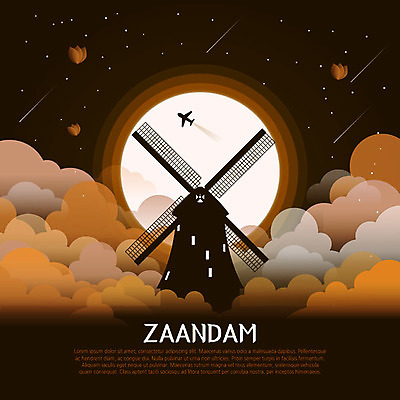 구름 유럽 일러스트 비행기 사람없음 관광지 세계 풍차 튤립 달 유성 신비 네덜란드 랜드마크 국내일러스트 AI파일 자연요소 꽃 나라 여행 컨셉 항공교통 대중교통 파일형식 벡터