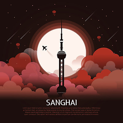 구름 아시아 일러스트 비행기 사람없음 빨간색 관광지 세계 중국 달 등불 상하이 유성 신비 전통등 동방명주 랜드마크 국내일러스트 AI파일 자연요소 전통 나라 컬러 여행 컨셉 항공교통 조명 대중교통 파일형식 벡터