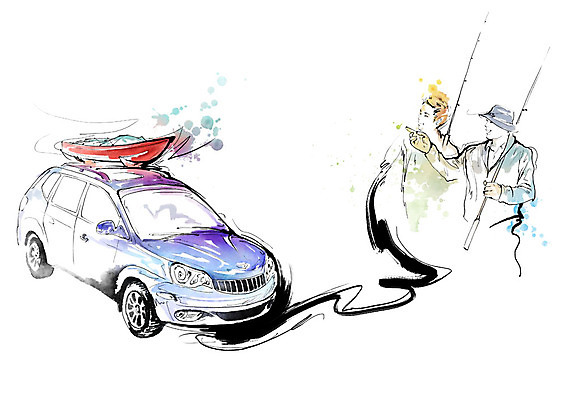 PSD 응시 남자 일러스트 캘리그라피 자동차 붓터치 낚시 미소 사람 상반신 성인 두명 가리킴 낚싯대 번짐 국내일러스트 시선 육상교통 레저 표정 손짓 낚시용품 파일형식 효과