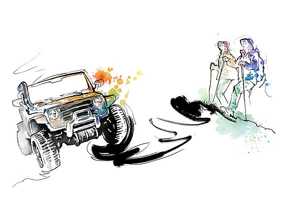 전신 PSD 커플 여자 남자 일러스트 캘리그라피 배낭 자동차 붓터치 사람 성인 두명 등산 지프 등산복 번짐 등산모자 등산스틱 오프로드 국내일러스트 모자_잡화 옷 육상교통 가방 관계 승용차 트래킹 등산용품 파일형식 효과