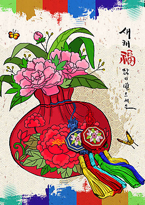 PSD 꽃 나비 패턴 일러스트 근하신년 복주머니 한국 사람없음 빨간색 컬러풀 전통무늬 전통문양 검은색 희망 노리개 새해복많이받으세요 베이지색 국내일러스트 식물 전통 문양 감정 아시아 컬러 곤충 무늬 새해 전통소품 파일형식