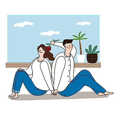 전신 부부 커플 여자 남자 행복 화분 일러스트 신혼부부 사랑 미소 사람 앉기 성인 두명 장미 희망 기쁨 등맞대기 즐거움 국내일러스트 AI파일 꽃 감정 관계 모션 표정 신혼 파일형식 벡터