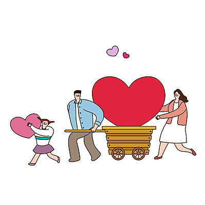 전신 여자 남자 행복 어린이 일러스트 가족 사랑 사람 성인 세명 희망 수레 기쁨 하트 도움 운반 당기기 밀기 즐거움 국내일러스트 AI파일 모양 감정 컨셉 관계 모션 카트 파일형식 벡터