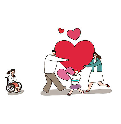 전신 여자 남자 행복 어린이 일러스트 가족 사랑 미소 사람 여러명 성인 희망 기쁨 하트 운반 장애인 복지 즐거움 휠체어 국내일러스트 AI파일 모양 감정 다수 관계 표정 사회이슈 장애 파일형식 벡터