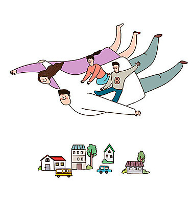 전신 여자 남자 행복 어린이 일러스트 가족 상상 자동차 버스 주택 사랑 사람 여러명 성인 마을 희망 기쁨 비행 즐거움 국내일러스트 AI파일 감정 육상교통 다수 관계 대중교통 건물 파일형식 벡터