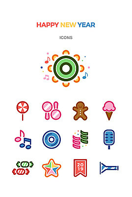 아이콘 행복 별 음표 아이스크림 새해 폭죽 사탕 사람없음 쿠키 귀여움 축제 CD 나팔 마이크 탬버린 해피뉴이어 곤봉 진저맨 2019년 아기자기 2D아이콘 AI파일 자연요소 기호 감정 악기 음악 스포츠용품 음향기기 컨셉 디저트 타악기 새해인사 연도 진저쿠키 파일형식 벡터