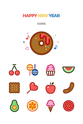 아이콘 행복 음식 오렌지 아이스크림 새해 수박 사탕 사람없음 과자 귀여움 축제 하트 체리 소시지 도넛 사과 머핀 해피뉴이어 아보카도 아기자기 2D아이콘 AI파일 모양 감정 빵 컨셉 과일 디저트 새해인사 가공식품 파일형식 벡터