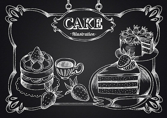 PSD 커피 음식 포크 일러스트 딸기 디저트 프레임 사람없음 케이크 칠판 조각케이크 초크 초크일러스트 초크아트 딸기케이크 국내일러스트 식기 음료 과일 그림 파일형식