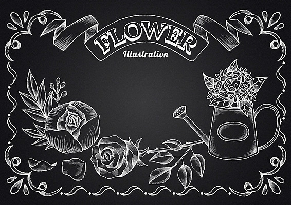 PSD 꽃잎 꽃 리본 일러스트 나뭇잎 프레임 사람없음 장미 칠판 물뿌리개 초크 초크일러스트 초크아트 국내일러스트 식물 잎 그림 파일형식