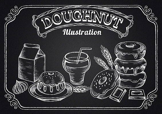 PSD 음식 빵 일러스트 디저트 프레임 사람없음 초콜릿 칠판 주스 우유 도넛 초크 보리 초크일러스트 초크아트 머랭 국내일러스트 음료 유제품 곡류 그림 파일형식