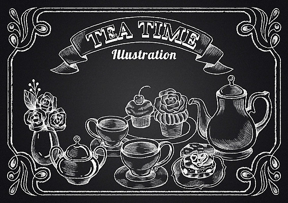 PSD 리본 음식 일러스트 주전자 티타임 디저트 프레임 사람없음 장미 꽃병 칠판 체리 찻잔 컵케이크 초크 초크일러스트 초크아트 국내일러스트 꽃 과일 주방용품 휴식 잔 케이크 그림 파일형식
