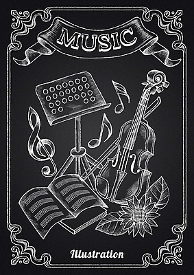 PSD 꽃 리본 음악 음표 일러스트 나뭇잎 프레임 사람없음 책 칠판 보면대 바이올린 악보 초크 초크일러스트 초크아트 국내일러스트 식물 기호 잎 현악기 문화예술 그림 파일형식