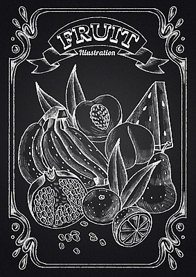 PSD 리본 과일 일러스트 나뭇잎 귤 수박 프레임 바나나 사람없음 칠판 배 초크 복숭아 석류 초크일러스트 초크아트 국내일러스트 잎 그림 파일형식
