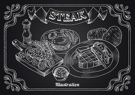 PSD 리본 음식 채소 일러스트 감자 프레임 도마 육류 스테이크 사람없음 칠판 초크 초크일러스트 초크아트 후추통 나무도마 소스통 국내일러스트 식재료 주방용품 서양음식 통 목재 소스_음식 그림 양념통 파일형식