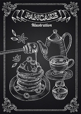 PSD 꽃 리본 음식 일러스트 주전자 프레임 사람없음 칠판 찻잔 초크 블루베리 초크일러스트 초크아트 꿀 팬케이크 국내일러스트 식물 과일 주방용품 잔 케이크 그림 파일형식