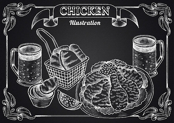 PSD 리본 음식 일러스트 프레임 생맥주 사람없음 바구니 치킨 칠판 레몬 초크 초크일러스트 초크아트 소스통 국내일러스트 과일 맥주 통 소스_음식 그림 닭고기요리 파일형식