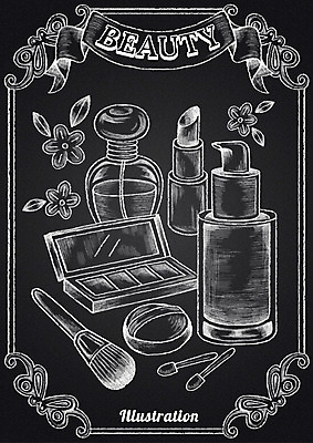 PSD 꽃 리본 일러스트 프레임 사람없음 뷰티 칠판 화장품 립스틱 향수 초크 퍼프 로션 초크일러스트 초크아트 아이섀도 브러쉬빗 국내일러스트 식물 그림 파일형식