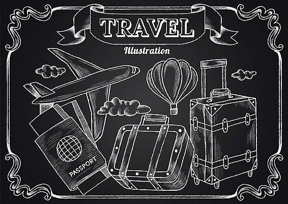 PSD 구름 리본 여행 일러스트 비행기 프레임 사람없음 캐리어 여행가방 칠판 열기구 초크 여권 초크일러스트 초크아트 국내일러스트 자연요소 가방 항공교통 대중교통 그림 파일형식
