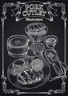 PSD 리본 음식 포크 일러스트 프레임 사람없음 칠판 나이프 수프 돈가스 초크 덮밥 초크일러스트 초크아트 소스통 국내일러스트 식기 통 소스_음식 칼 커틀릿 그림 파일형식