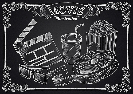 PSD 리본 문화 일러스트 프레임 사람없음 칠판 클래퍼보드 필름 영화 초크 콜라 팝콘 초크일러스트 초크아트 3D안경 국내일러스트 안경 문화예술 그림 탄산음료 파일형식