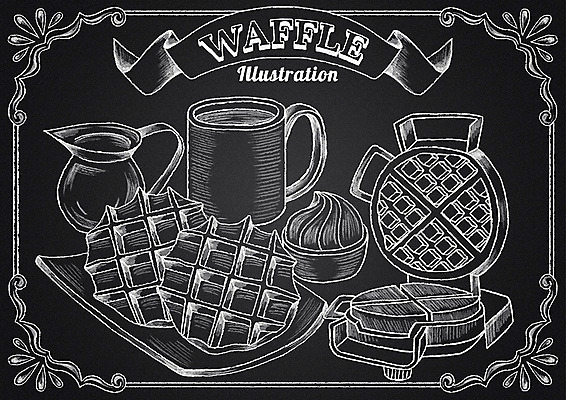 PSD 리본 음식 일러스트 디저트 프레임 사람없음 칠판 머그컵 초크 시럽 초크일러스트 초크아트 와플 소스그릇 와플메이커 국내일러스트 그릇 컵 그림 파일형식