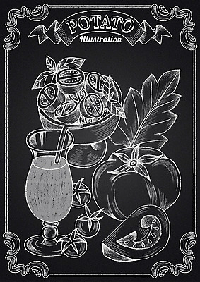 PSD 리본 토마토 과일 일러스트 나뭇잎 잔 프레임 사람없음 칠판 주스 샐러드 초크 초크일러스트 초크아트 국내일러스트 식기 음료 음식 잎 채소 그림 파일형식